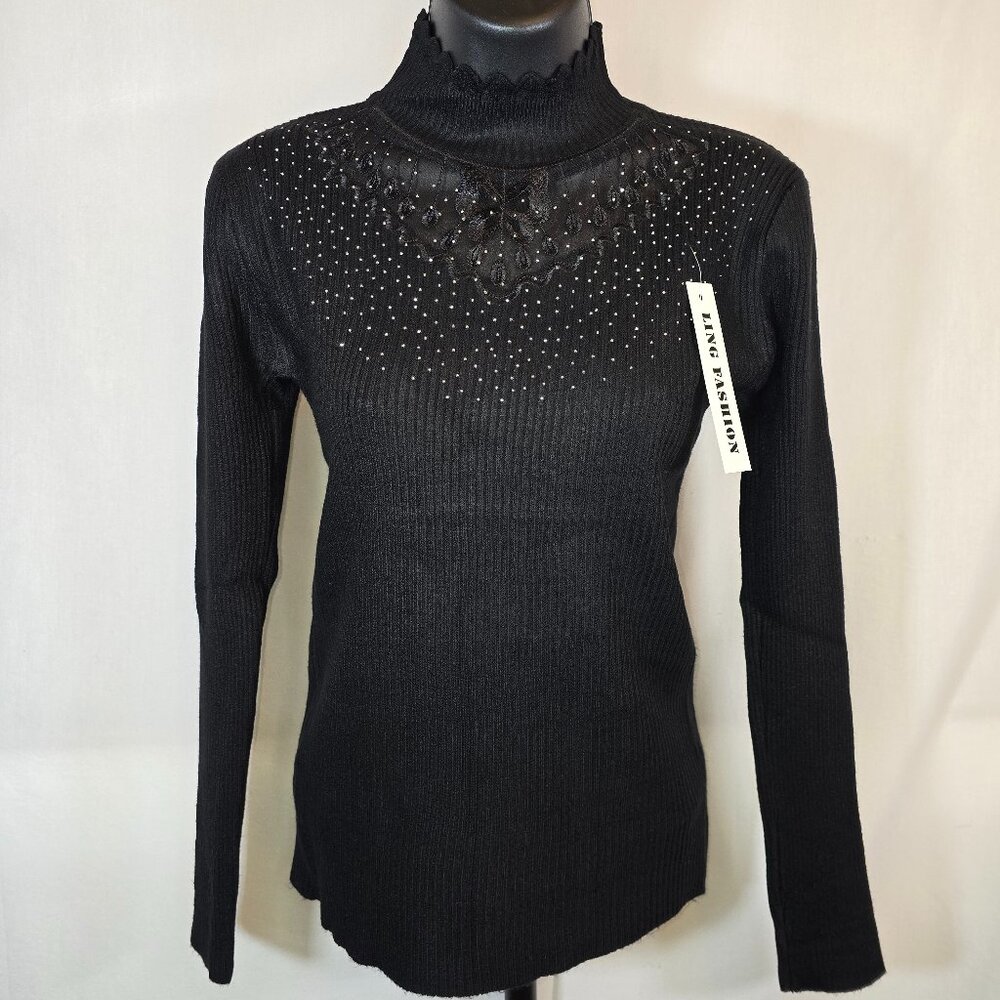 Black Ribbed Turtle Neck Sweater with Mesh And Rhinestone Detail